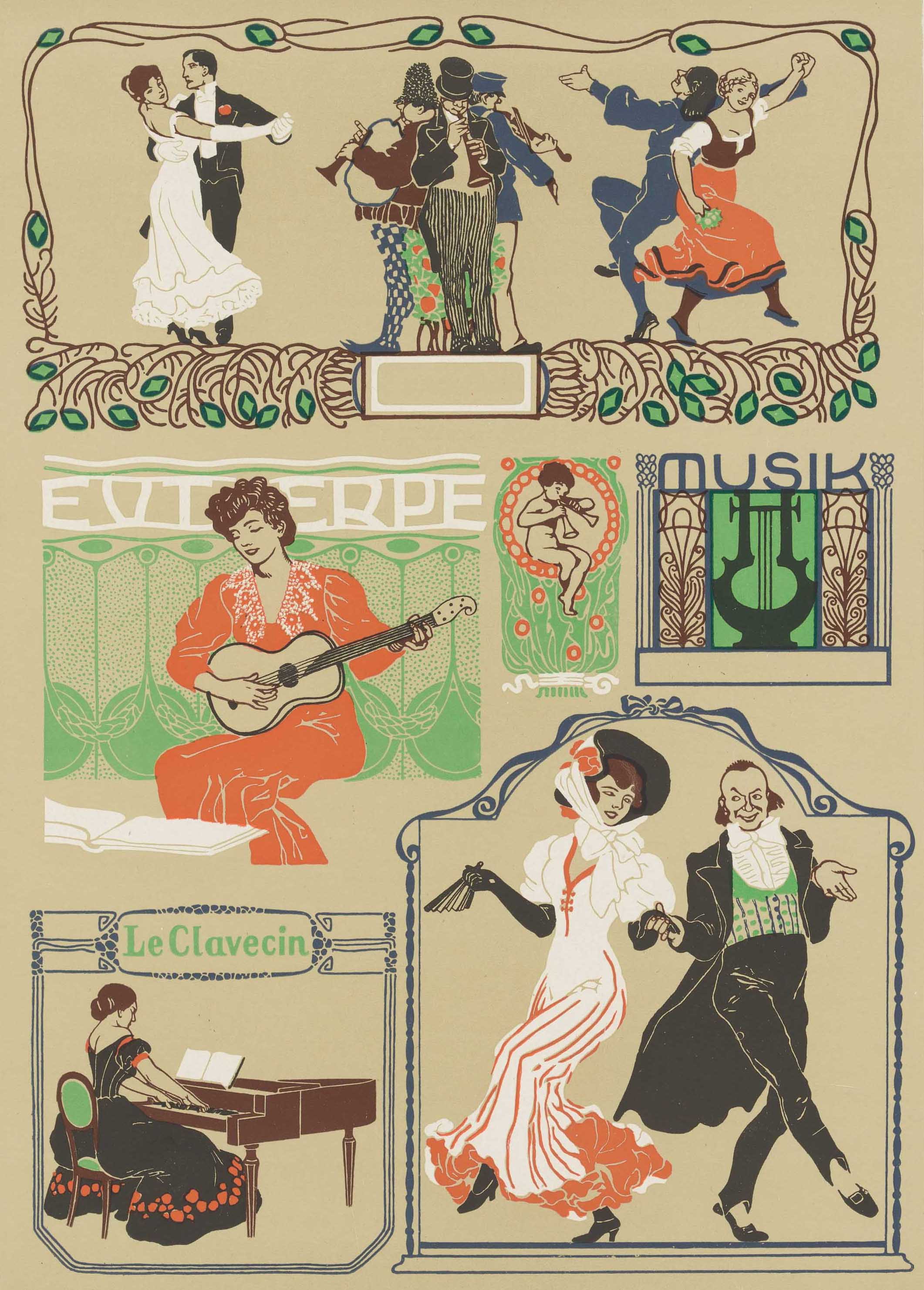 Sheet music and illustrations of women dancing, © Schlesinger Library on the History of Women in America