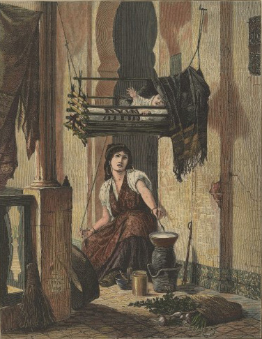 Illustration of woman cooking while caring for infant, © Schlesinger Library on the History of Women in America